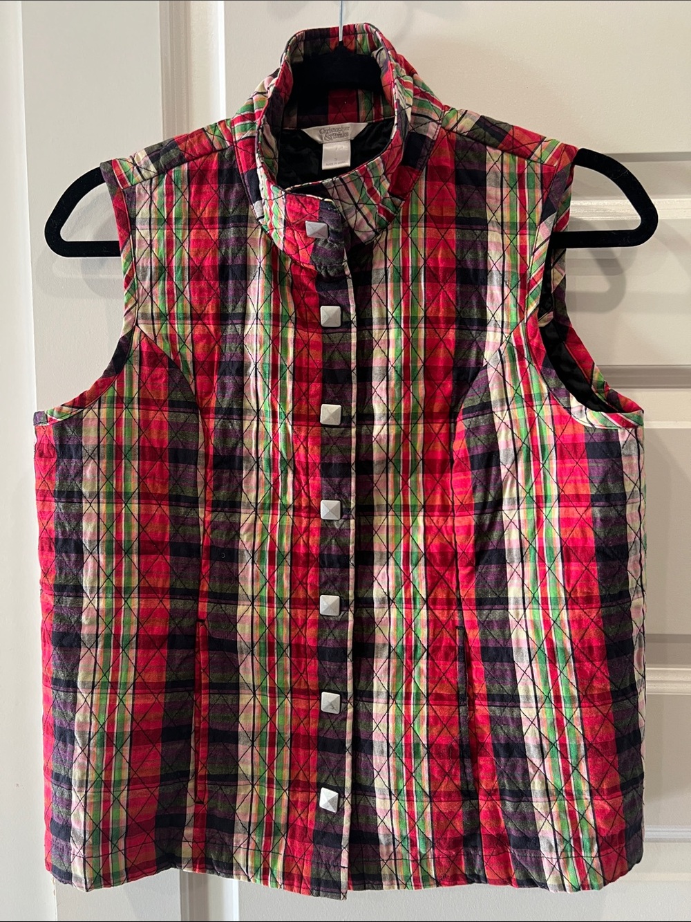 Christopher & Banks Quilted Plaid Snap-Front Vest in Red, Green & Black